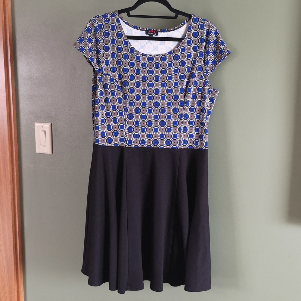 Jules & Leopold Sz L Cap Sleeve Knee Length Flare Bottom Dress Navy Black & Grey